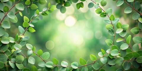 Aufkleber - A vibrant green foliage frame with delicate leaves and a blurred background of a natural landscape.