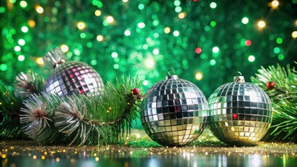 Aufkleber - Sparkling Disco Ball Ornaments Resting on a Bed of Pine Branches with a Festive Green and Gold Bokeh Background