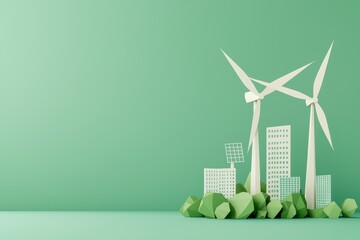 eco-friendly wind turbines and solar panels in a minimalist green environment for sustainable develo