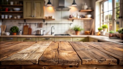 Aufkleber - Rustic Wooden Tabletop in a Kitchen with Blurred Background of Cabinets, Appliances, and a Window