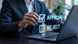 © Zone - Businessperson reviewing digital approval options on laptop.