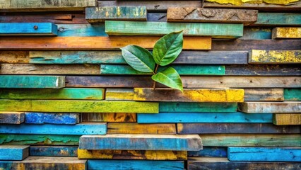 Aufkleber - A vibrant green leaf shoots up from a wall of colorful wooden planks, showcasing a contrasting blend of nature and human craftsmanship