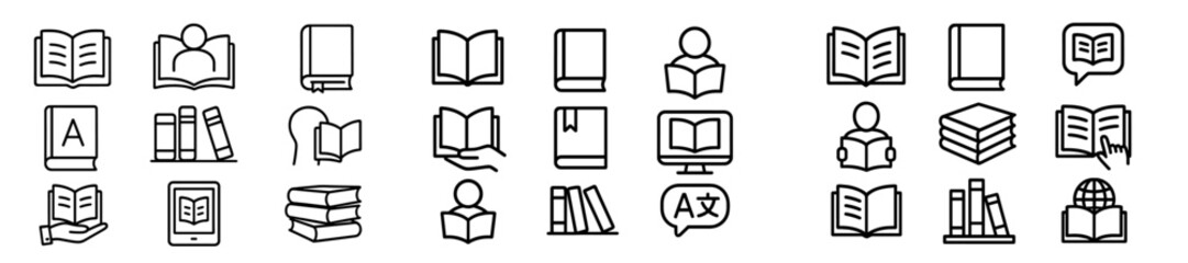 Poster - Set of web icons depicting line style representations of reading, books, and education activities in a modern design