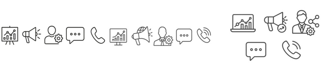 Aufkleber - Set of web icons illustrating communication and data presentation in a minimal line art style for digital design projects