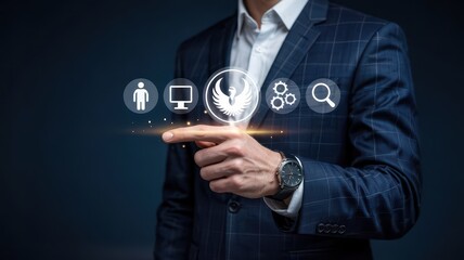 Businessperson interacting with digital icons representing team and technology.