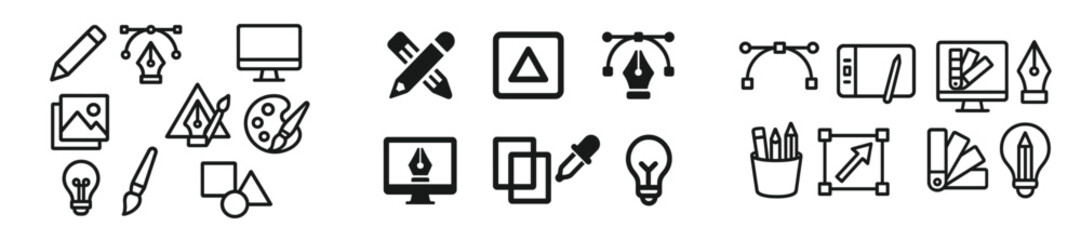 Aufkleber - Set of line style web icons showcasing various design tools and creative elements for digital art and graphic design applications