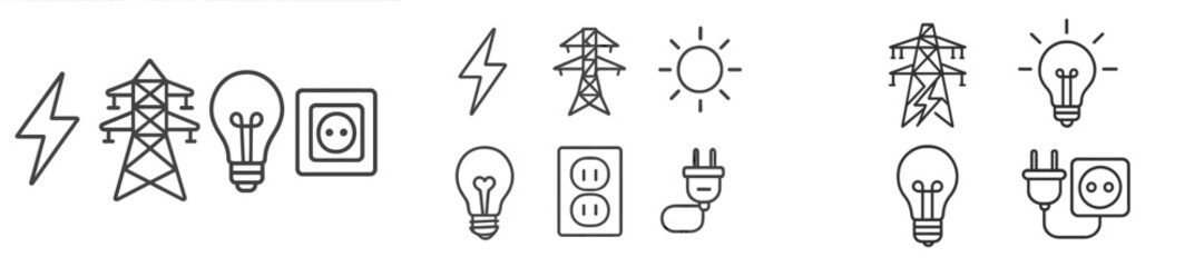 Poster - Collection of web icons featuring electricity symbols and devices in a minimal line art style for digital use