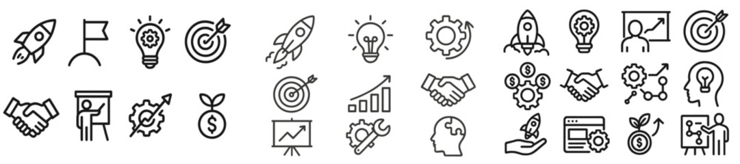 Poster - Collection of line style web icons depicting business, innovation, and teamwork concepts for digital applications and services