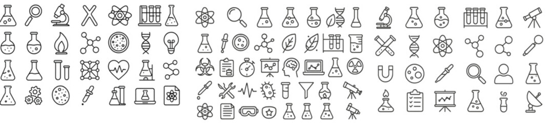 Set of line style web icons illustrating various scientific concepts and tools for educational and digital use