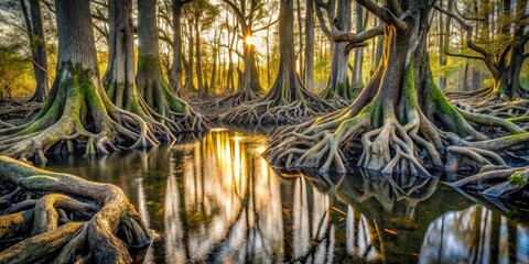 Aufkleber - A Serene Forest Scene with Sunlight Filtering Through the Canopy, Illuminating the Intertwined Roots of Ancient Trees Reflected in the Calm Water Below