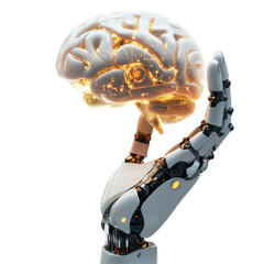 Wall Mural - a robotic hand holding a glowing, floating ai brain, representing integration. isolated on white bac