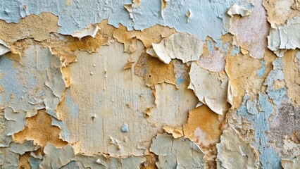 Poster - A close-up view of a peeling wall, revealing layers of paint and faded colors, with a textured surface reminiscent of time's passage and the fragility of surfaces.