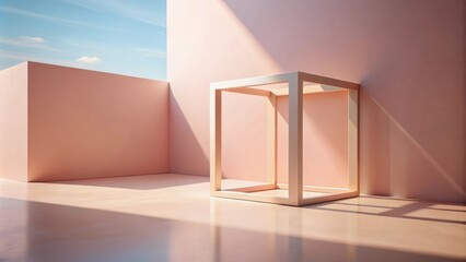 Fototapete - A Minimalist Abstract Composition with a Golden Frame and Soft Light Cast on the Pastel Pink Walls and Floor
