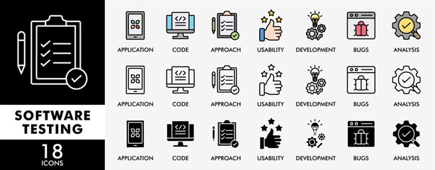 SOFTWARE TESTING icon set with various styles and colors analysis, development, application, code, approach, usability, and bugs