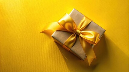 Poster - A Single Golden Gift Box with a Large Satin Ribbon Bow Resting on a Yellow Background