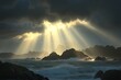 © farisky - Dramatic sun rays break through dark clouds, illuminating a rocky seascape with crashing waves