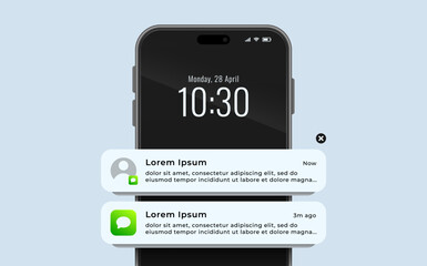 Wall Mural - close up of smartphone with pop-up push notification template from messaging app, vector illustratio