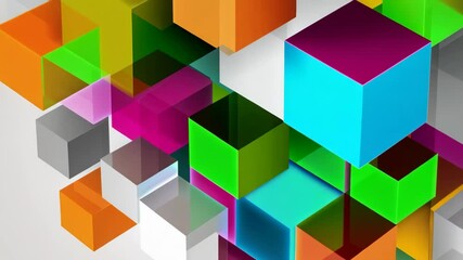 Colorful Abstract Background with Floating Cubic Shapes in Shades of Orange, Green, and Purple