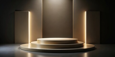 Fototapete - Modern Minimalist Display with Two-Tiered Round Podium, Illuminated by Warm Light, and Set Against Textured Walls