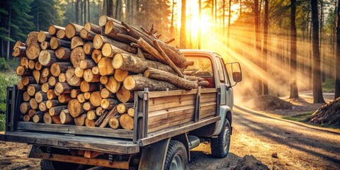 Poster - A truck loaded with freshly cut firewood drives through a sun-drenched forest, transporting warmth and energy