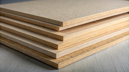 Aufkleber - A close-up view of a stack of raw wood panels, revealing the natural texture and grain of the wood.