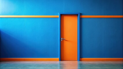 Fototapete - A single orange door in a minimalist blue and orange wall with an orange trim