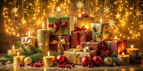 Poster - A Festive Arrangement of Wrapped Gifts and Lit Candles, Embellished with Sparkling Lights and Holiday Decor
