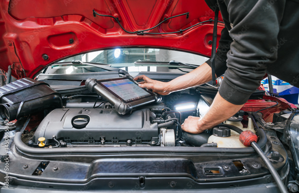 Mechanic diagnosing car engine problems using digital tablet in auto ...
