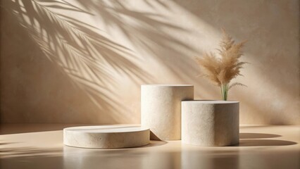 Leinwandbilder - A Minimalist Display With Three Stone Platforms and Dried Grass Against a Tan Background Featuring Sunlit Palm Leaf Shadows