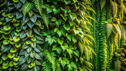 Fototapete - A verdant tapestry of lush greenery, showcasing a diverse array of leaves and ferns, creating a vibrant and natural wall of foliage.