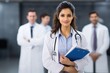 © KP Creative Stock - Medical Team Portrait: A confident and skilled doctor, surrounded by her supportive team in a clean, modern medical setting, embodying expertise and compassion.