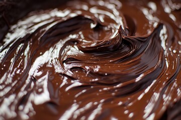 Poster - Close-up of rich and decadent dark chocolate with a glossy, swirled texture, perfect for desserts, baking, or a sweet indulgence.