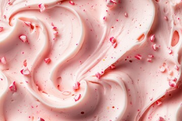 Poster - Close-up of pink frosting with decorative sprinkles, showcasing a visually appealing texture and sweet treat concept.  Ideal for dessert themes.
