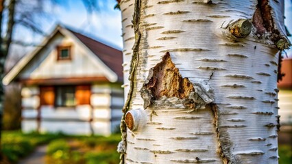 Aufkleber - A weathered birch bark texture with a knot and a blurred, rustic house in the background