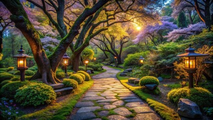 Aufkleber - A winding stone path illuminated by lanterns leads through a lush garden, dappled with sunlight and surrounded by blooming trees.