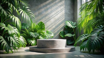 Poster - A Stone Platform Nestled Amidst Lush Tropical Foliage, Bathed in Soft Sunlight Streaming Through an Open Wall
