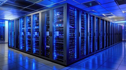Poster - Data tunnel with bright server lines and ambient neon blue, perfect for illustrating AI infrastructure, data automation, or secure cloud backup