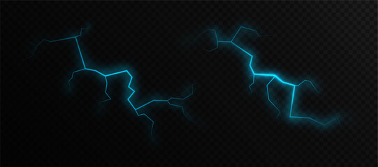 Poster - Glowing blue lightning. Blue glowing electric cracks with light effect. Realistic lightning fracture for dark backgrounds. Vector.