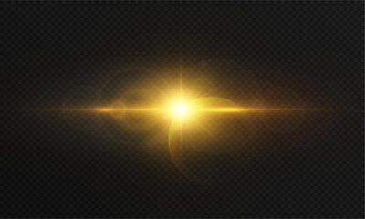 Poster - Golden burst of light with a bright central flare and diverging starry glow on a transparent background. for sun effects, explosions or energy overlays in digital design.