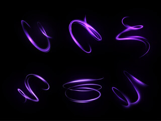 Aufkleber - Set of glowing purple vortices and light flows with dynamic motion curves on dark background. Designed as visual effects for movement, energy swipes, and combat animations in game interfaces.

