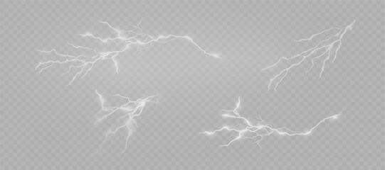 Leinwandbilder - Set of realistic white lightning with branched electrical patterns on transparent background. Effect of high-voltage energy strikes and natural atmospheric discharges. Vector