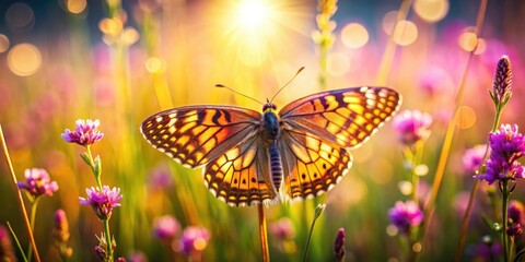 Poster - A vibrant butterfly with intricate markings rests on a delicate flower, basking in the warm glow of the setting sun, surrounded by a field of blooming wildflowers.