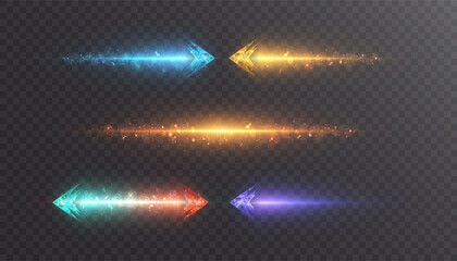 Leinwandbilder - Set of glowing energy arrows in blue, yellow, red, and purple with sparkling trails and motion blur on transparent background. Designed for combat UI, direction indicators, and magical attack visuals.