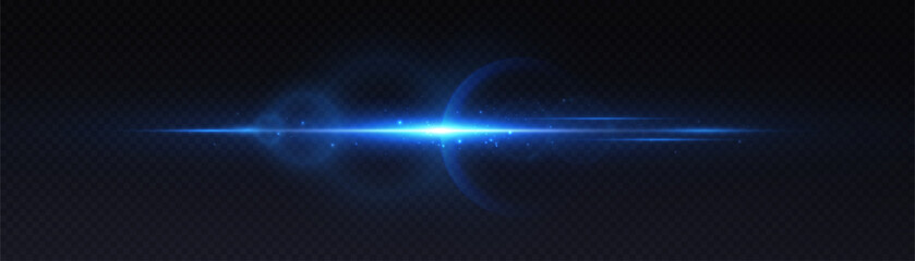 Poster - Horizontal blue light burst with glowing core, soft flare and lens effect on dark transparent background. Includes radiant energy beam with subtle digital shimmer.

