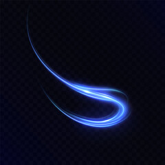 Fototapete - Glowing blue swirl trail with dynamic curved motion and energy flare on dark transparent background. Designed as a vortex light effect for game UI, hits or magical motion visuals.

