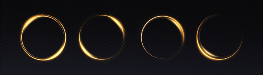 Aufkleber - Set of glowing golden rings with glossy light arcs and smooth reflections on dark background. Includes circular highlights for UI design, visual frames, and digital interfaces.

