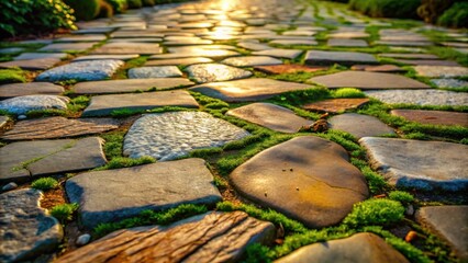 Aufkleber - A Stone Pathway With Lush Greenery Lit by the Warm Rays of the Setting Sun