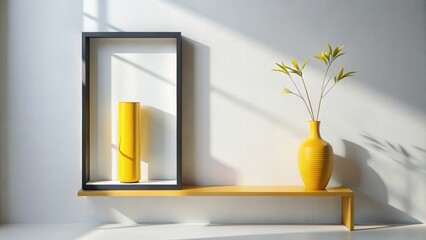 Aufkleber - A minimalist aesthetic with a yellow vase and a black frame on a golden shelf against a white wall with sunlight casting shadows