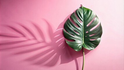 Poster - A single green tropical leaf with its shadow cast on a pink surface