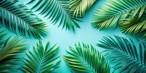 Poster - A vibrant turquoise background adorned with a frame of lush, tropical palm leaves, creating a refreshing and summery visual